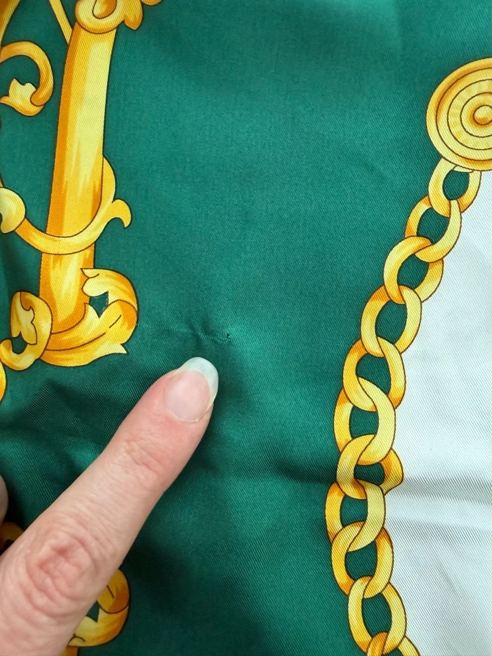 Fabergé 100% Silk Scarf 32” Green Gold Baroque Chain Print Hand Sewn